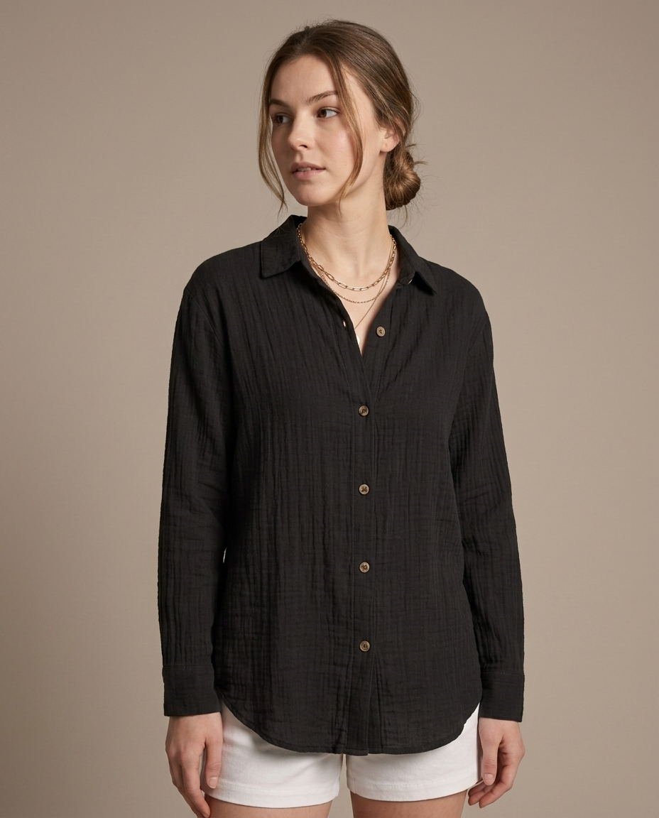 Black Collared Crinkle Cotton Shirt worn by a model, close waist-up view