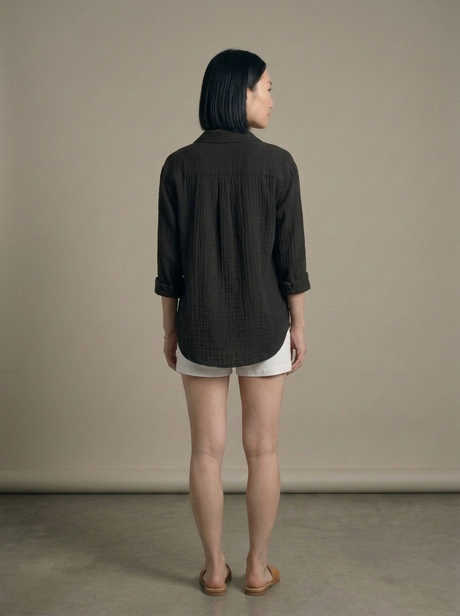 Black Collared Crinkle Cotton Shirt worn by a model, back view