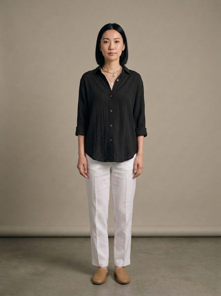 Black Collared Crinkle Cotton Shirt worn by a model, front view