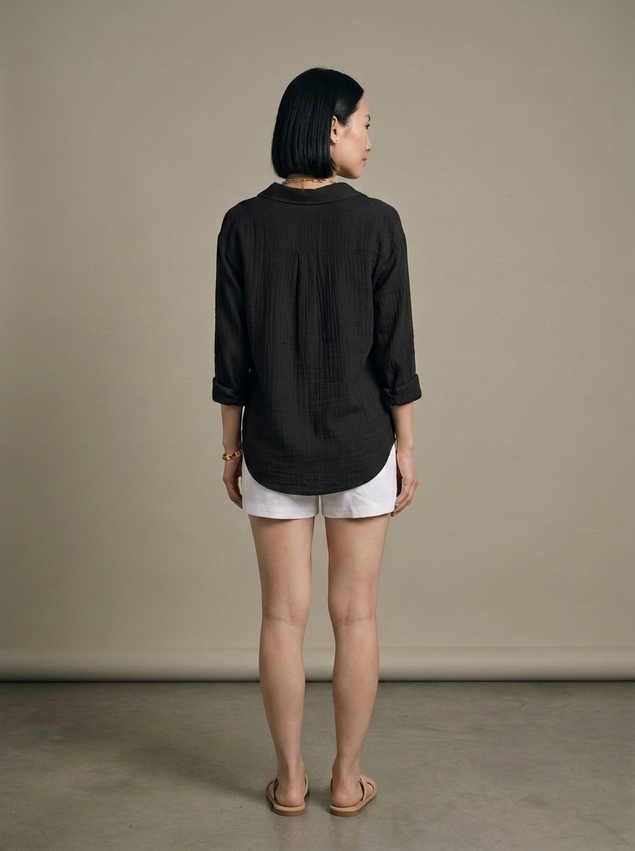 Black Collared Crinkle Cotton Shirt worn by a model, back view
