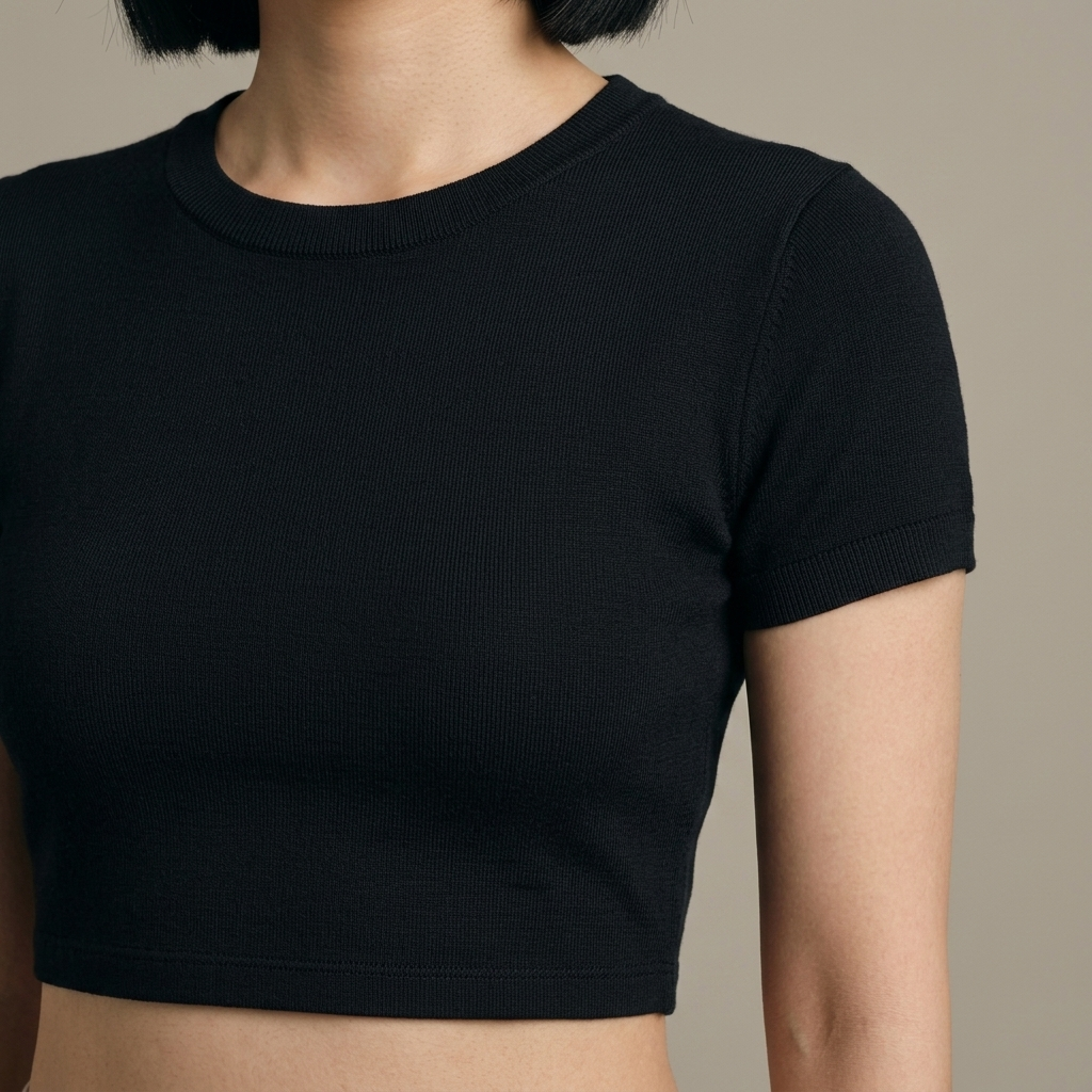 Close-up of Black Crop Top Short Sleeve Crew Neck detail