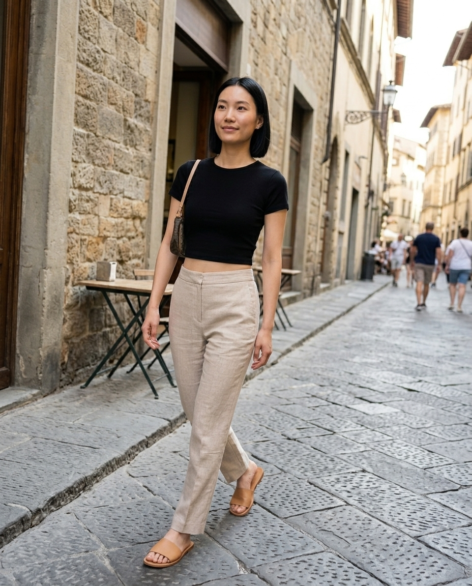 Black Short-Sleeve Crew-Neck Crop Top worn in an everyday street setting