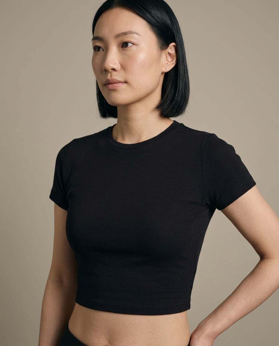 Black Crop Top Short Sleeve Crew Neck worn by a model, close waist-up view