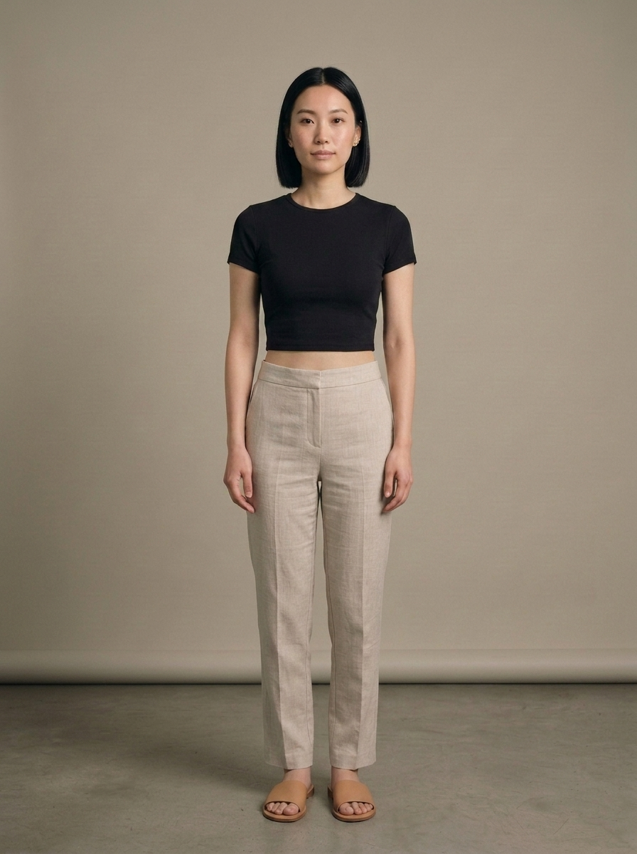 Black Crop Top Short Sleeve Crew Neck worn by a model, front view