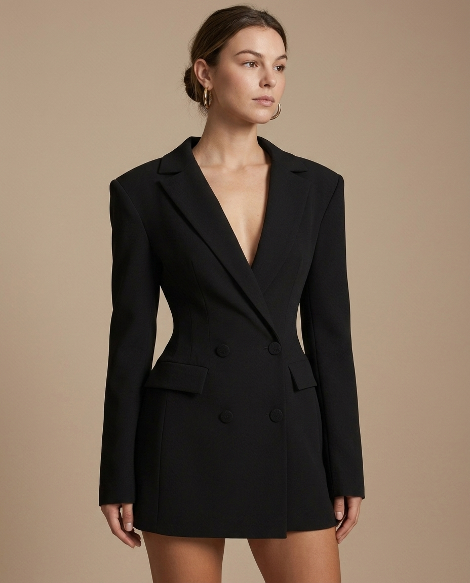 Black Double-Breasted Padded Shoulder Blazer Dress worn by a model, close waist-up view