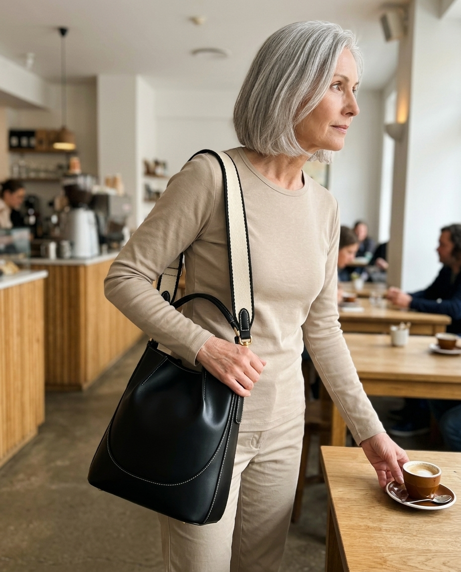 Black Faux-Leather Contrast-Stitch Shoulder Bag styled in an everyday setting