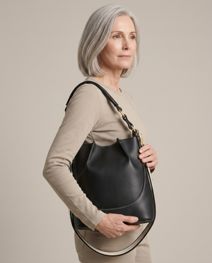Black Faux-Leather Contrast-Stitch Shoulder Bag