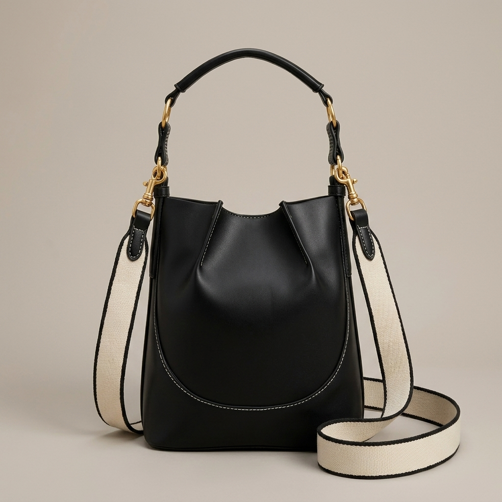Close-up of Black Faux Leather Shoulder Bag, Contrast Stitching