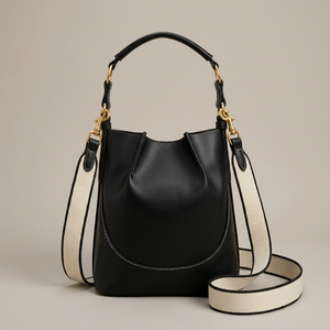 Black Faux-Leather Contrast-Stitch Shoulder Bag