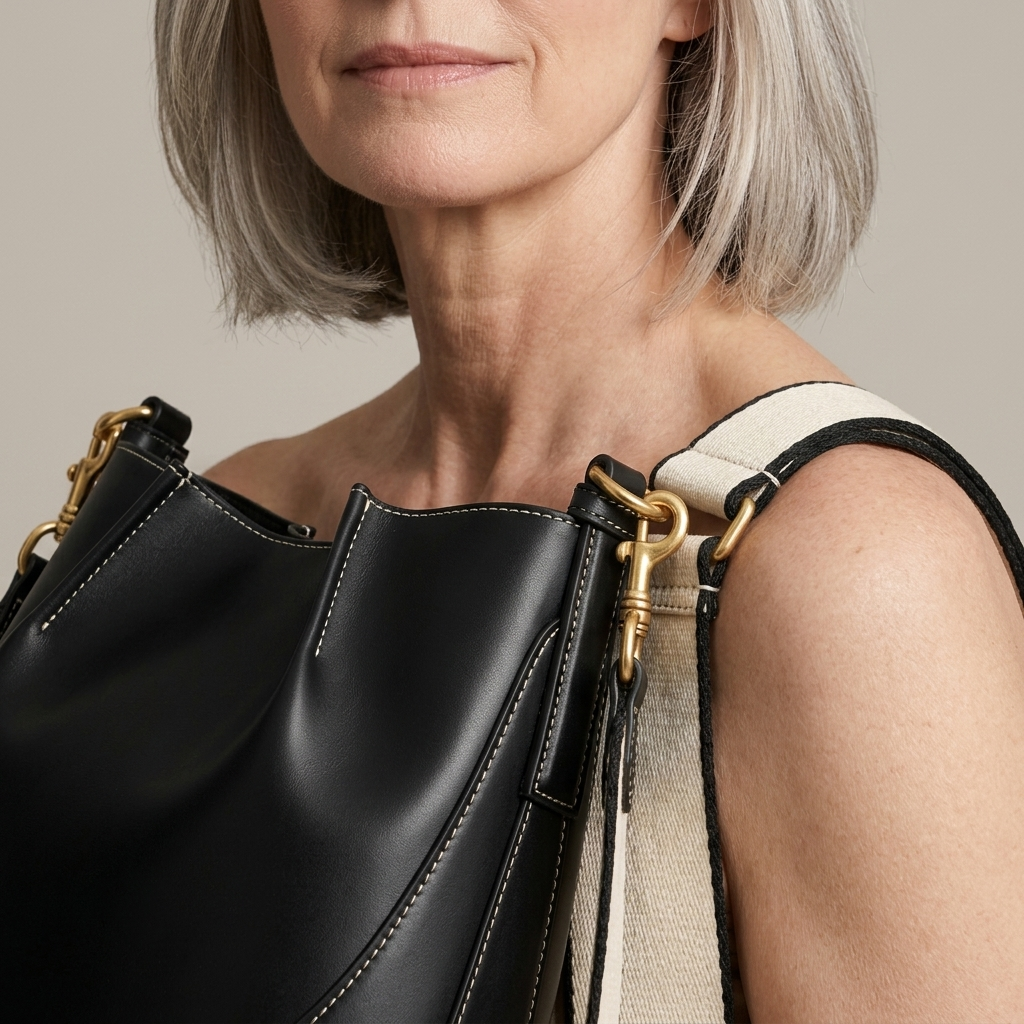 Black Faux Leather Shoulder Bag, Contrast Stitching worn, close-up