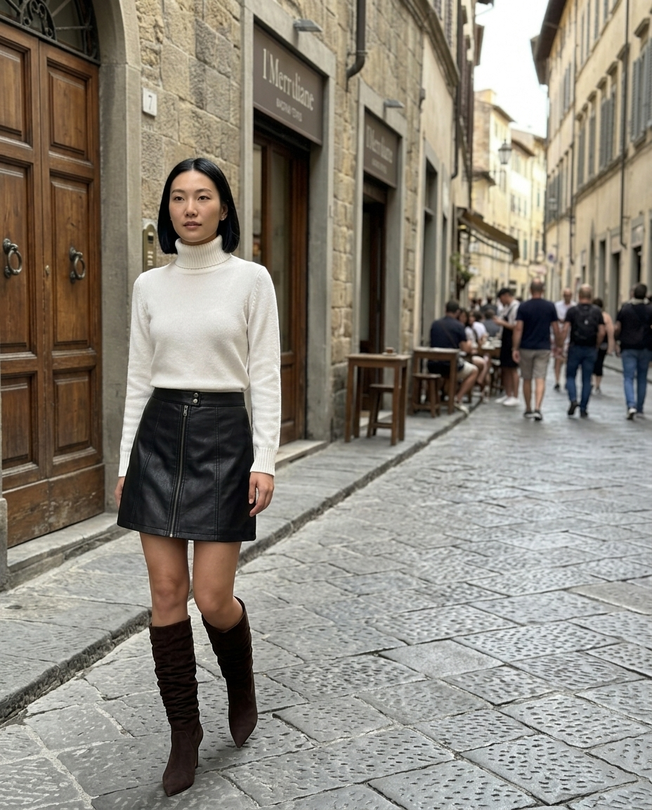 Black Faux Leather Zipper Mini Skirt worn in an everyday street setting