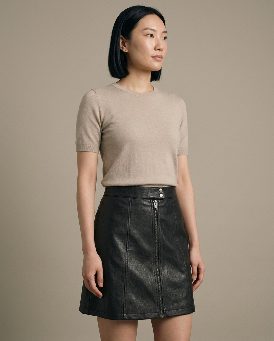 Black Faux Leather Zipper Mini Skirt worn by a model, close waist-up view