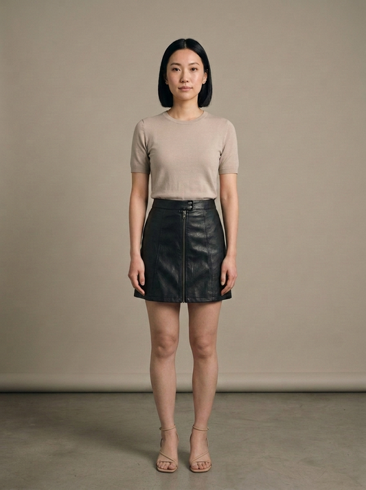 Black Faux Leather Zipper Mini Skirt worn by a model, front view