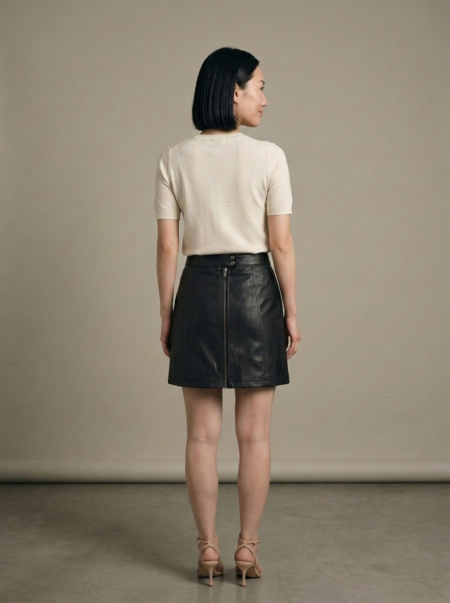 Black Faux Leather Zipper Mini Skirt worn by a model, back view