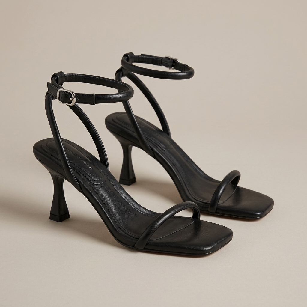 Close-up of Black Leather Square Toe Ankle Strap Sandals
