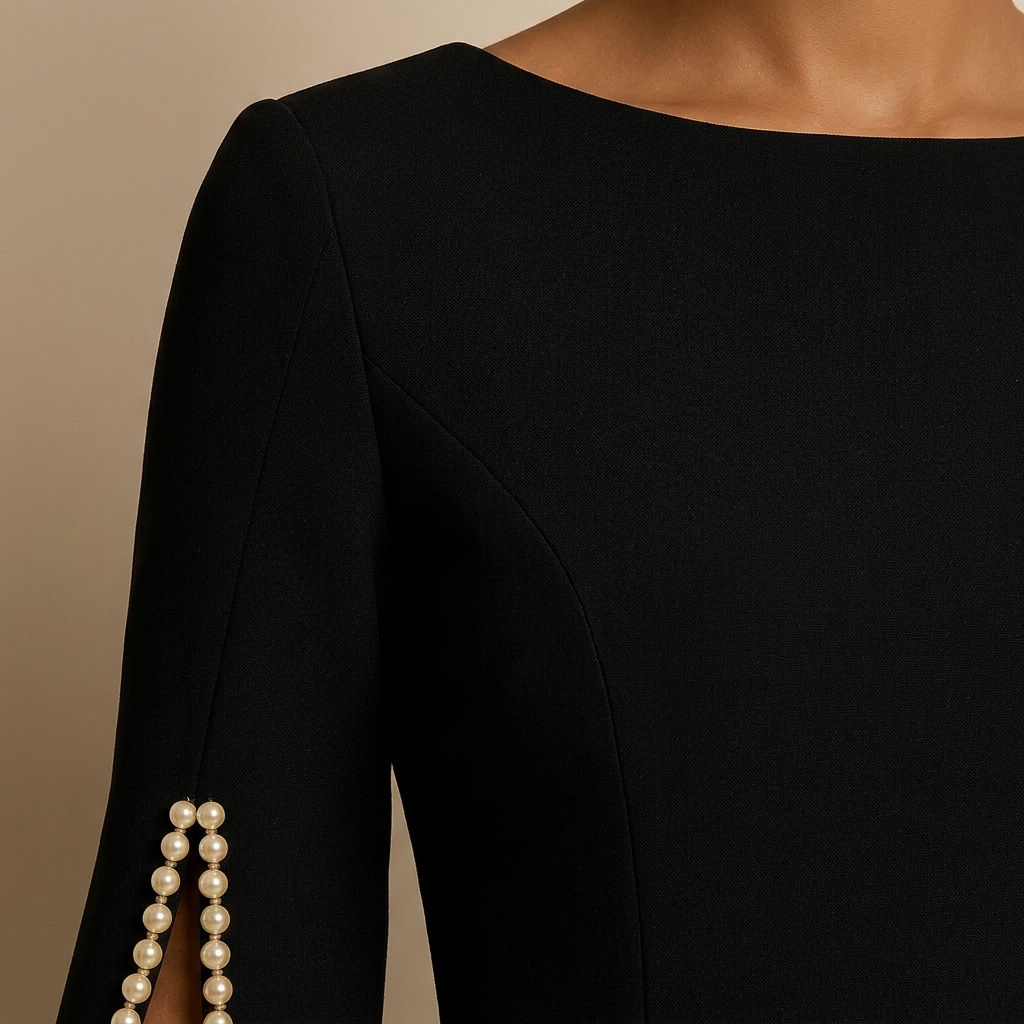 Close-up of Black Midi Sheath Dress, Pearl Sleeves fabric and detailing
