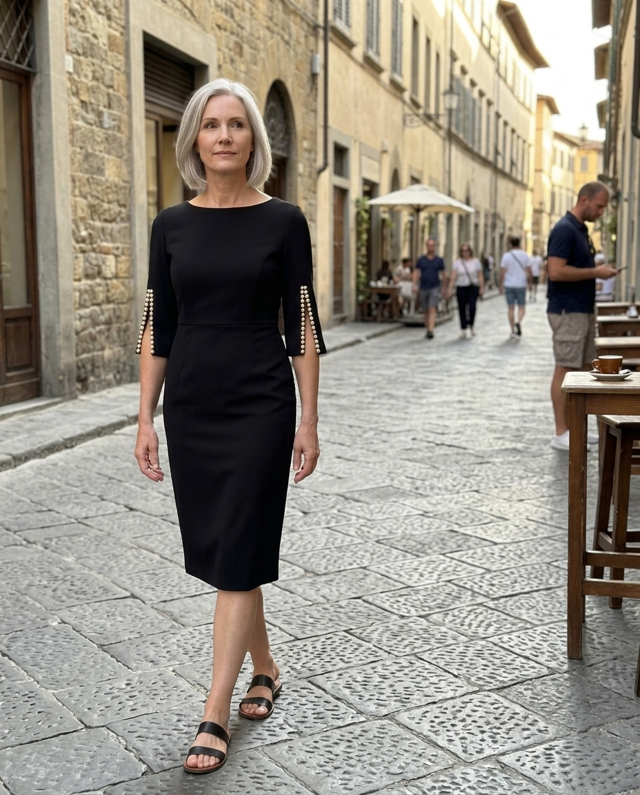 Black Midi Sheath Dress, Pearl Sleeves worn in an everyday street setting