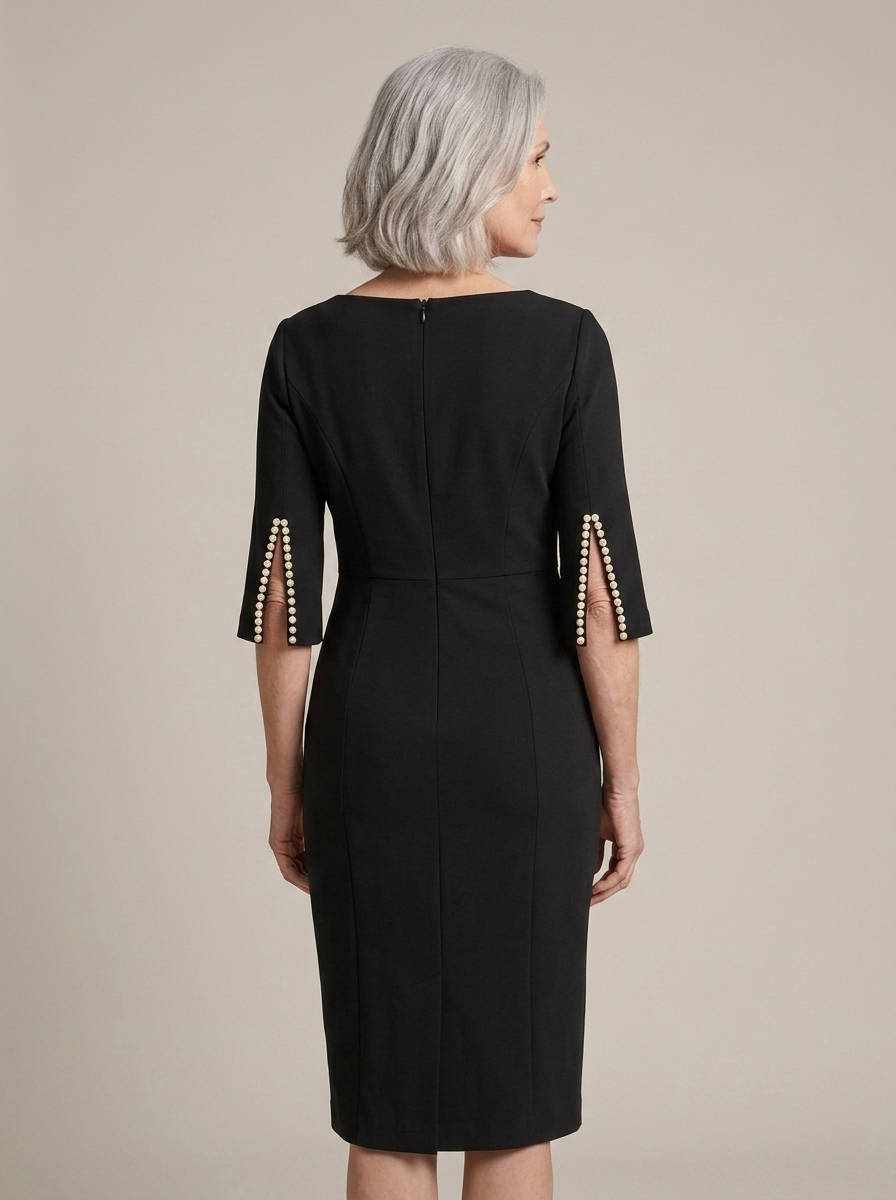 Black Midi Sheath Dress, Pearl Sleeves worn by a model, back view