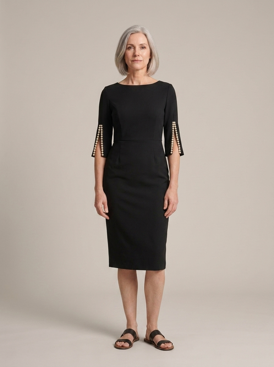 Black Midi Sheath Dress, Pearl Sleeves worn by a model, front view