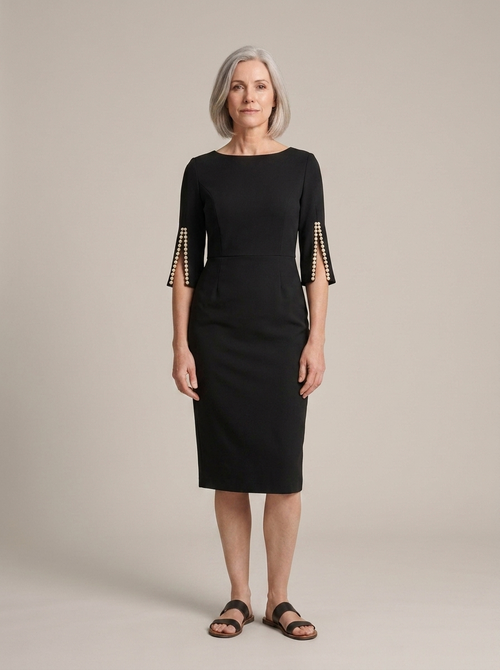 Black Midi Sheath Dress, Pearl Sleeves worn by a model, front view