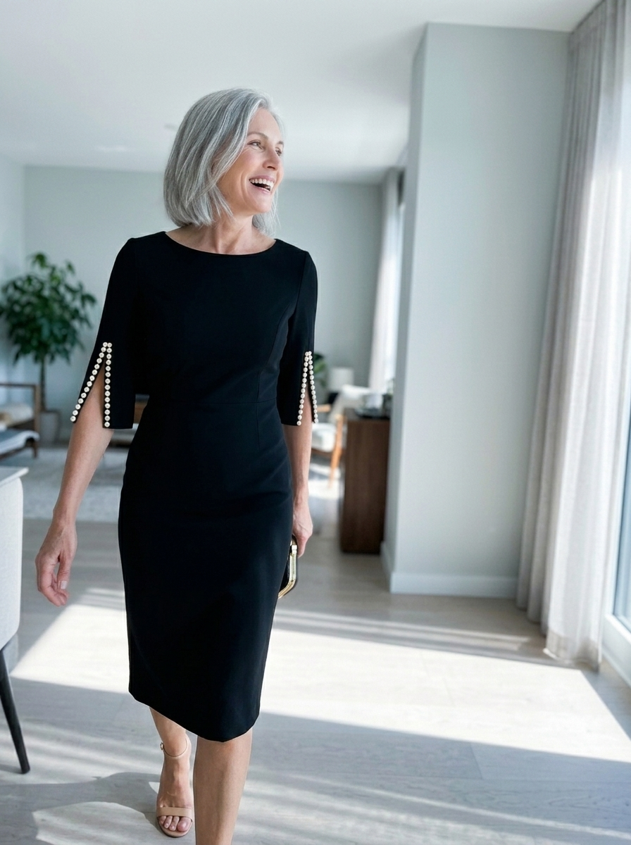 Black Midi Sheath Dress, Pearl Sleeves styled in a daylight interior setting