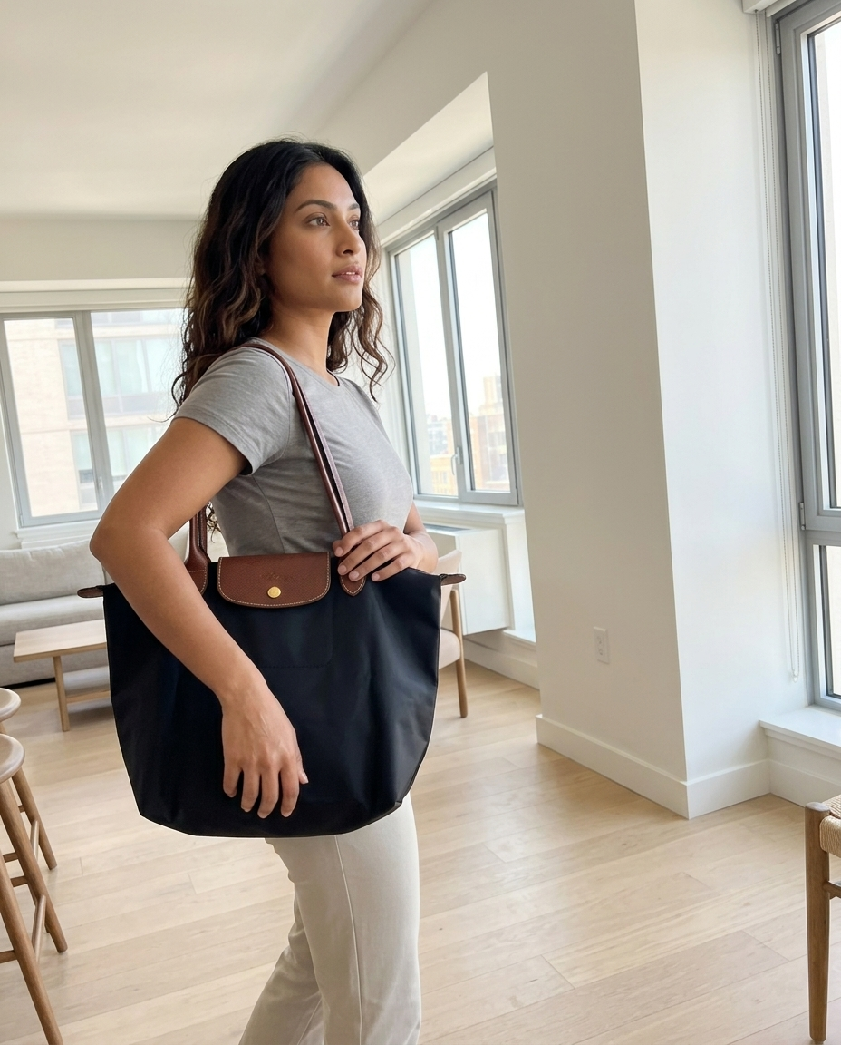Black Nylon Shoulder Tote, Leather Trim styled in a daylight interior setting