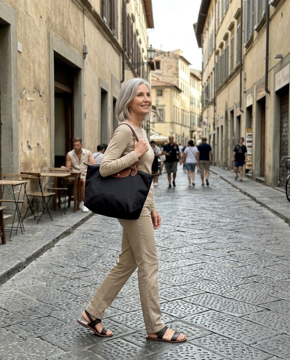 Black Nylon Leather-Trim Shoulder Tote worn in an everyday street setting