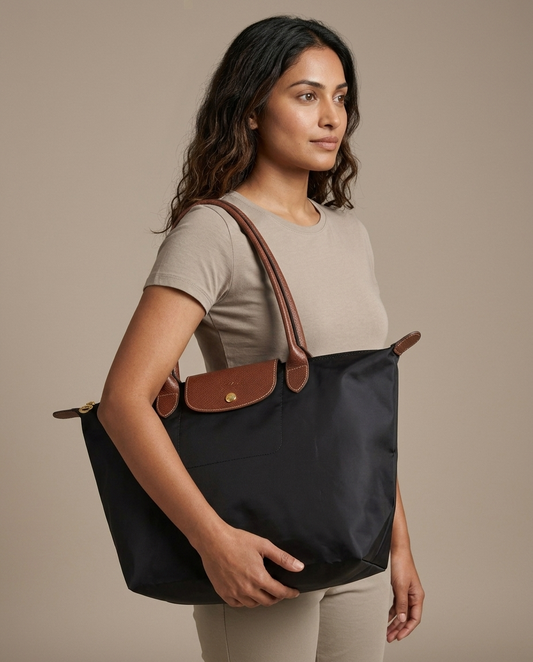 Black Nylon Shoulder Tote, Leather Trim worn by a model, close waist-up view