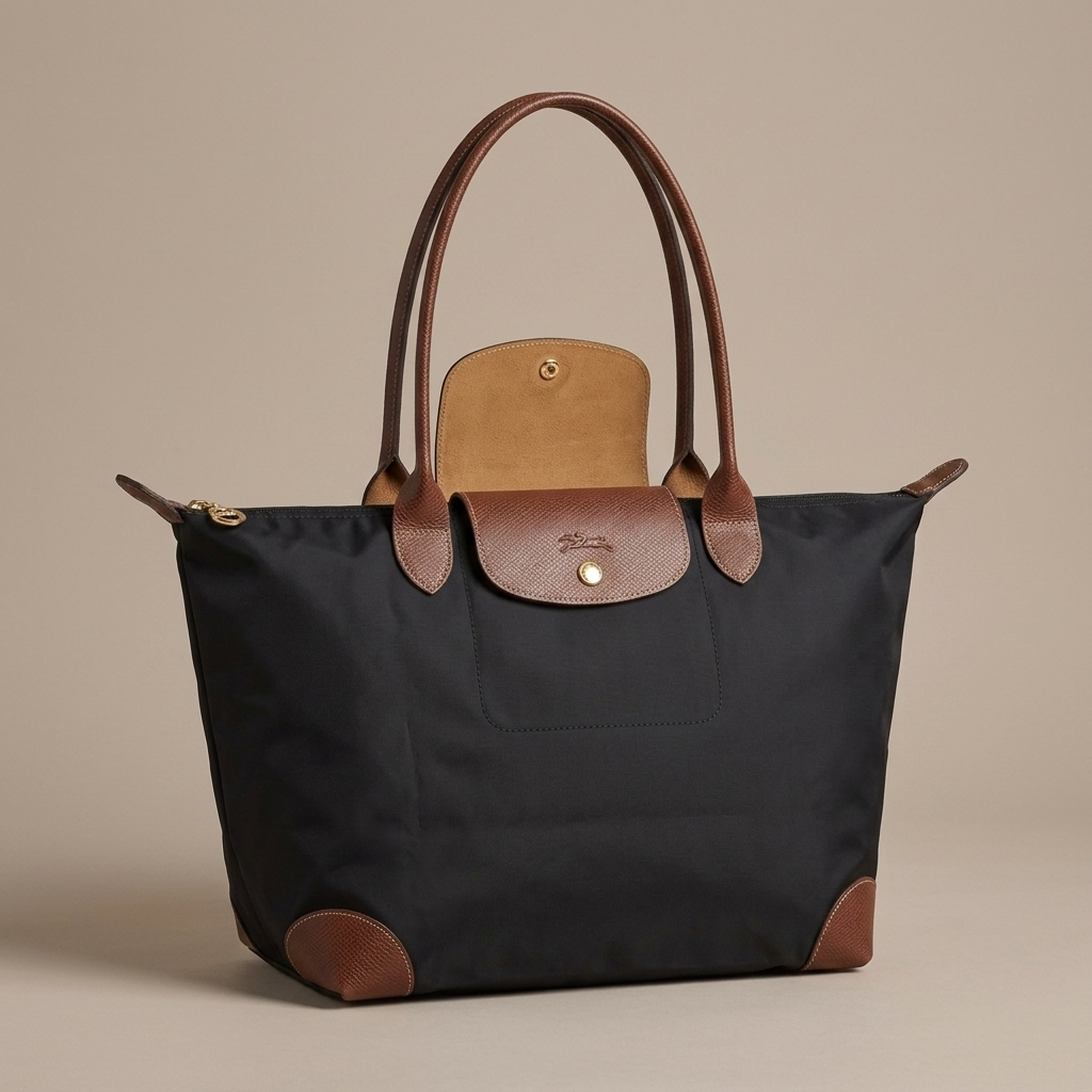 Close-up of Black Nylon Leather-Trim Shoulder Tote