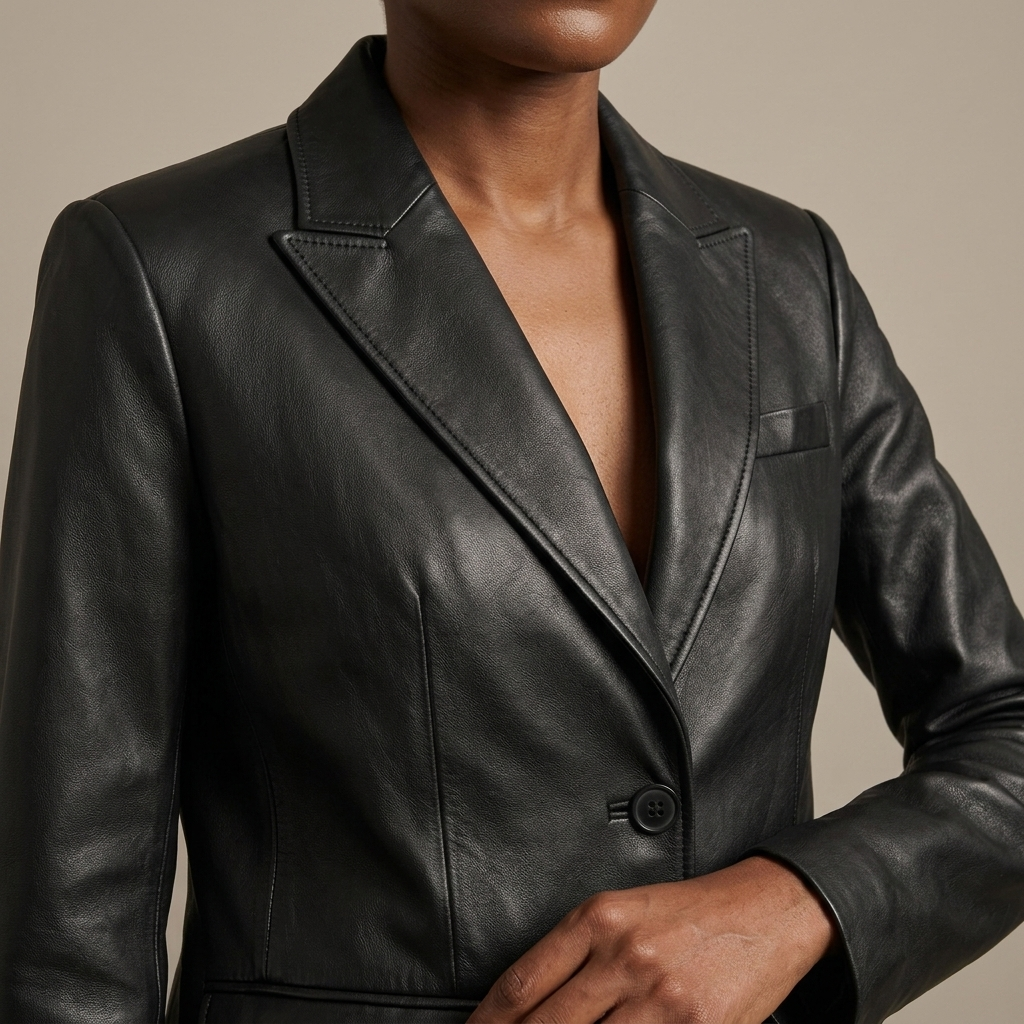 Close-up of Black Relaxed Leather Look Two Button Blazer detail