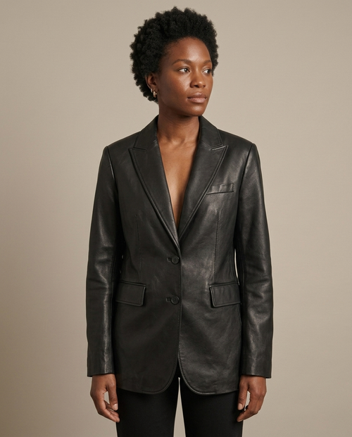 Black Relaxed Leather Look Two Button Blazer worn by a model, close waist-up view