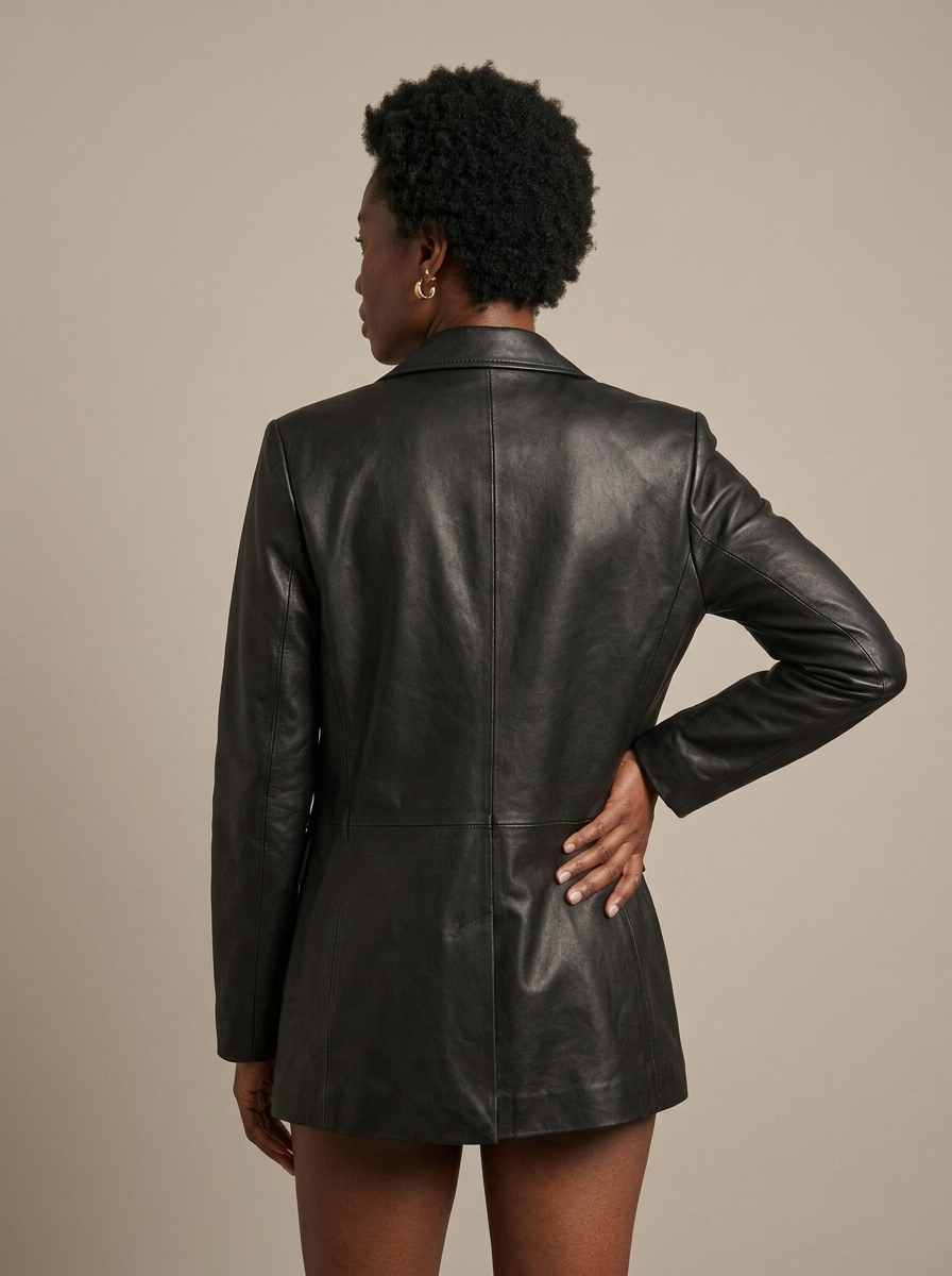 Black Relaxed Leather Look Two Button Blazer worn by a model, back view