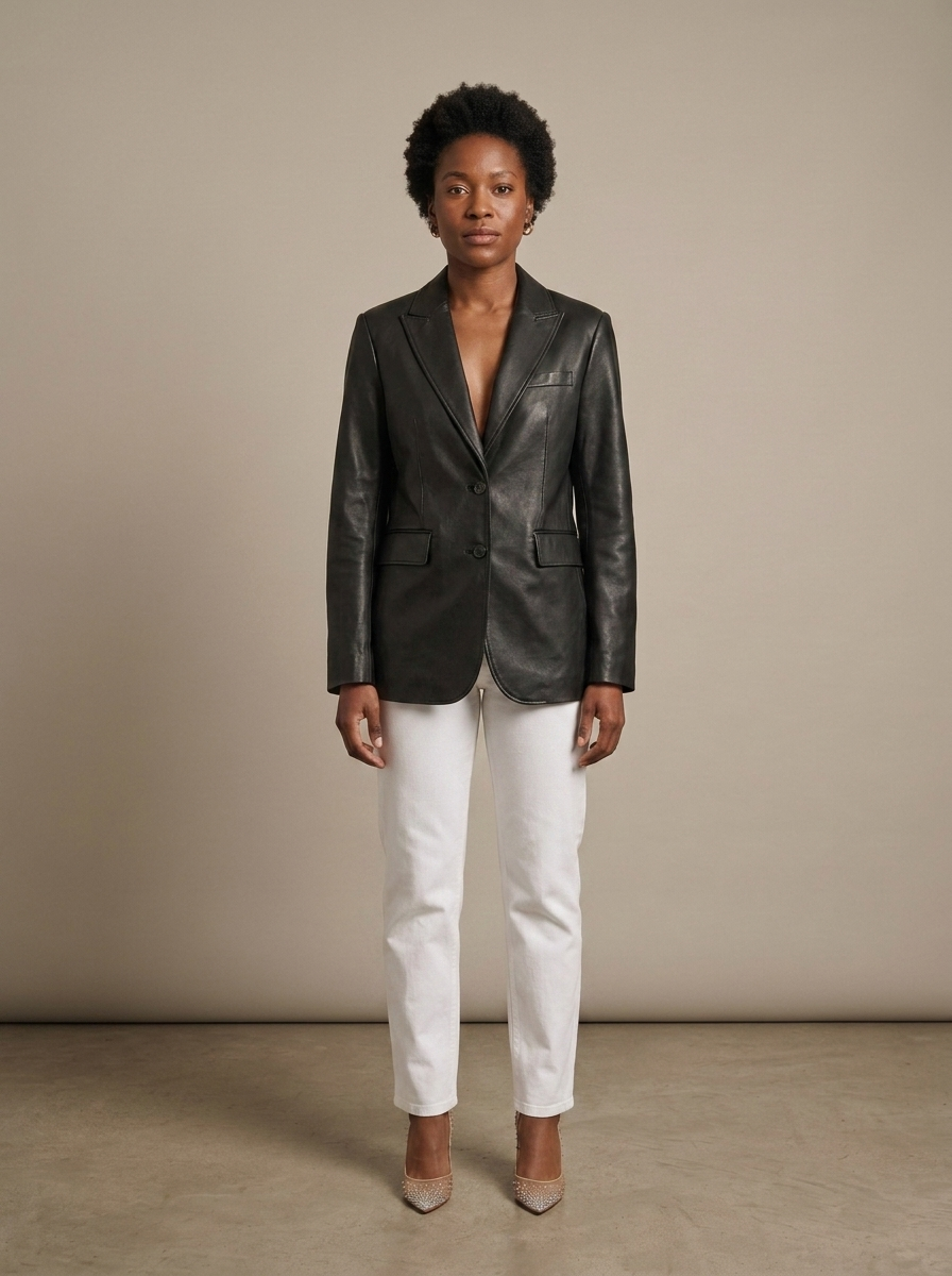 Black Relaxed Leather Look Two Button Blazer worn by a model, front view