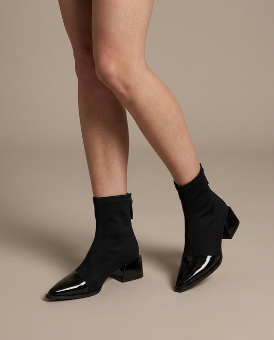 Black Stretch Ankle Boots, Patent Toe, Block Heel on the foot