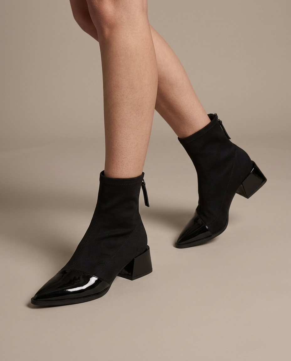 Black Stretch Ankle Boots, Patent Toe, Block Heel worn, walking