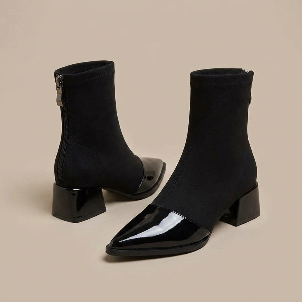 Close-up of Black Stretch Ankle Boots, Patent Toe, Block Heel