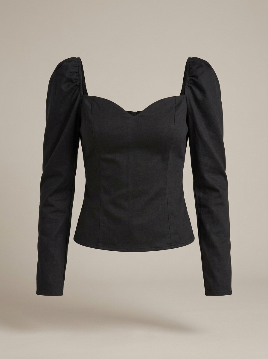 Black Sweetheart Puff Sleeve Top, front view on a clean white background