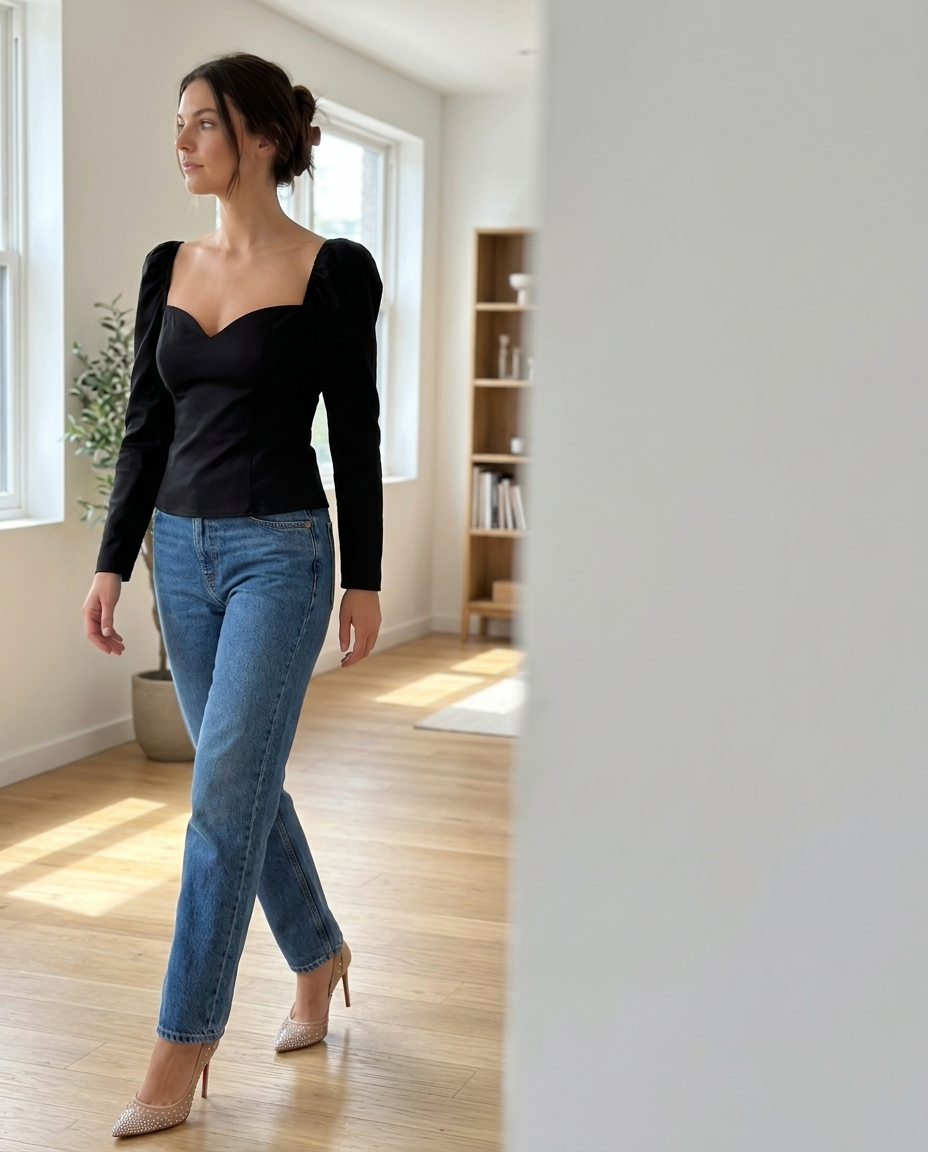 Black Sweetheart Puff Sleeve Top styled in a daylight interior setting