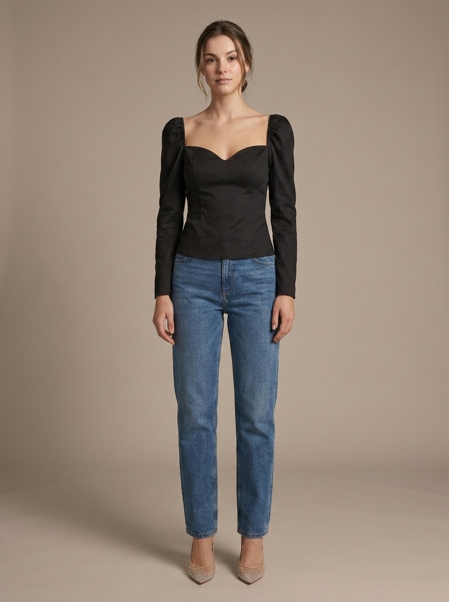 Black Sweetheart Puff Sleeve Top worn by a model, front view