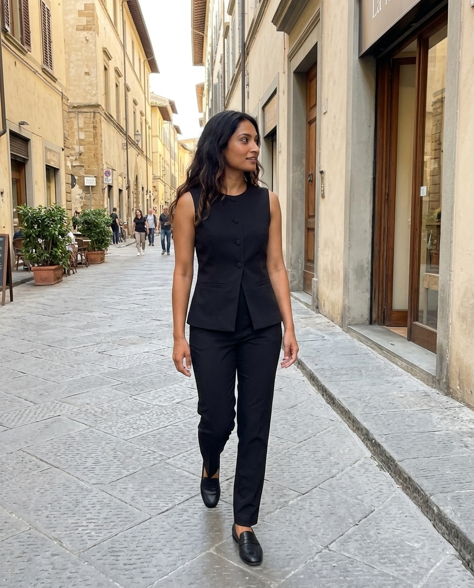 Black Tailored Button-Front Vest worn in an everyday street setting
