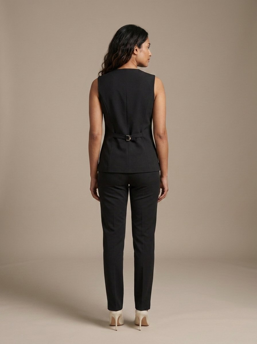 Black Tailored Button-Front Vest worn by a model, back view
