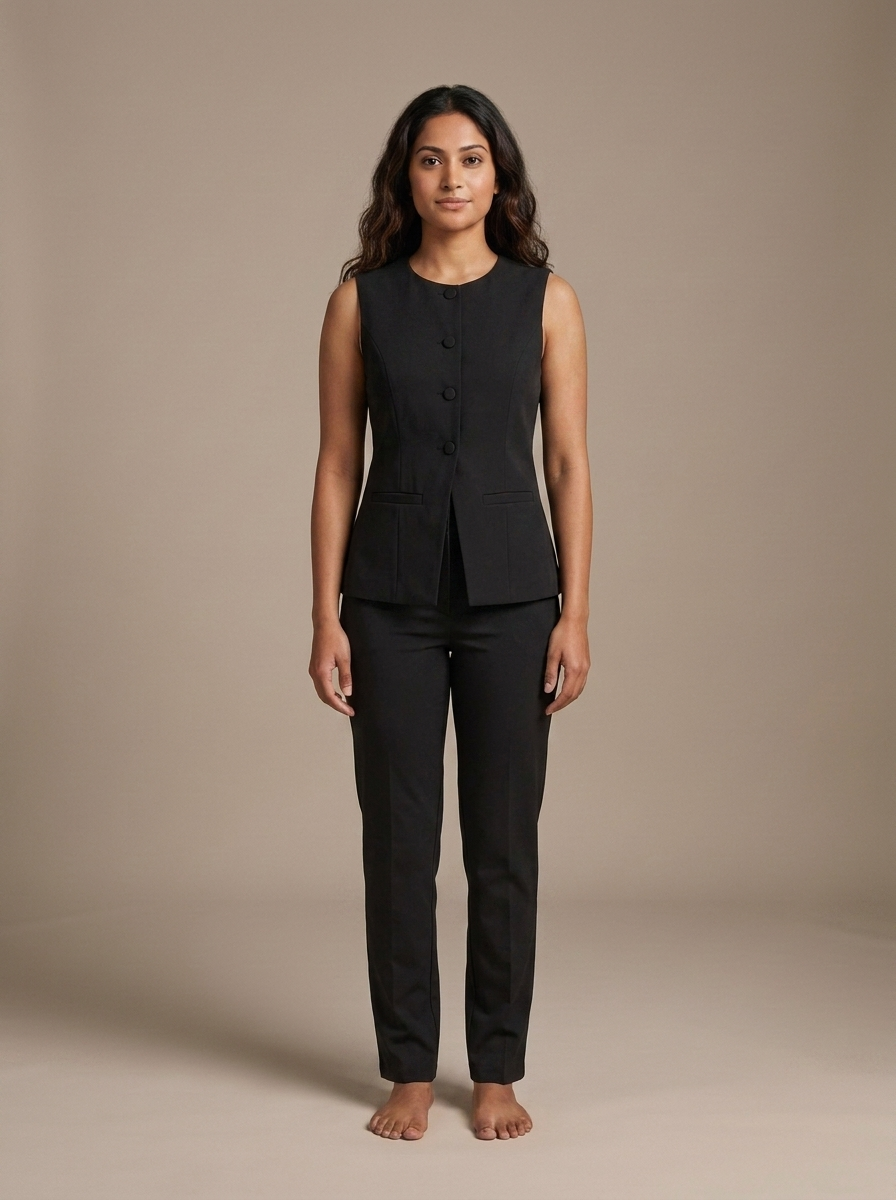 Black Tailored Button-Front Vest worn by a model, front view