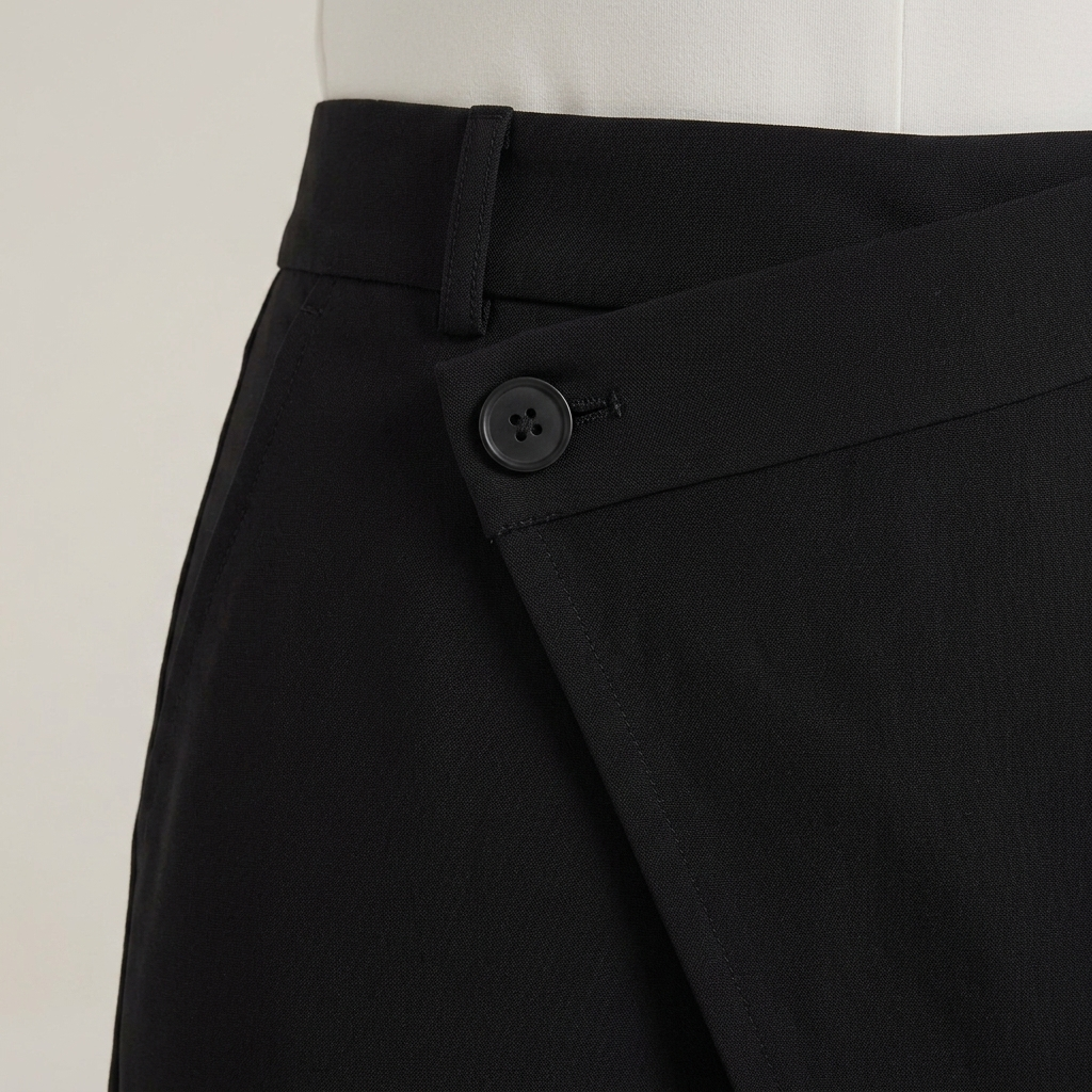 Close-up of Black Wide-Leg Asymmetric Wrap Trousers fabric and detailing