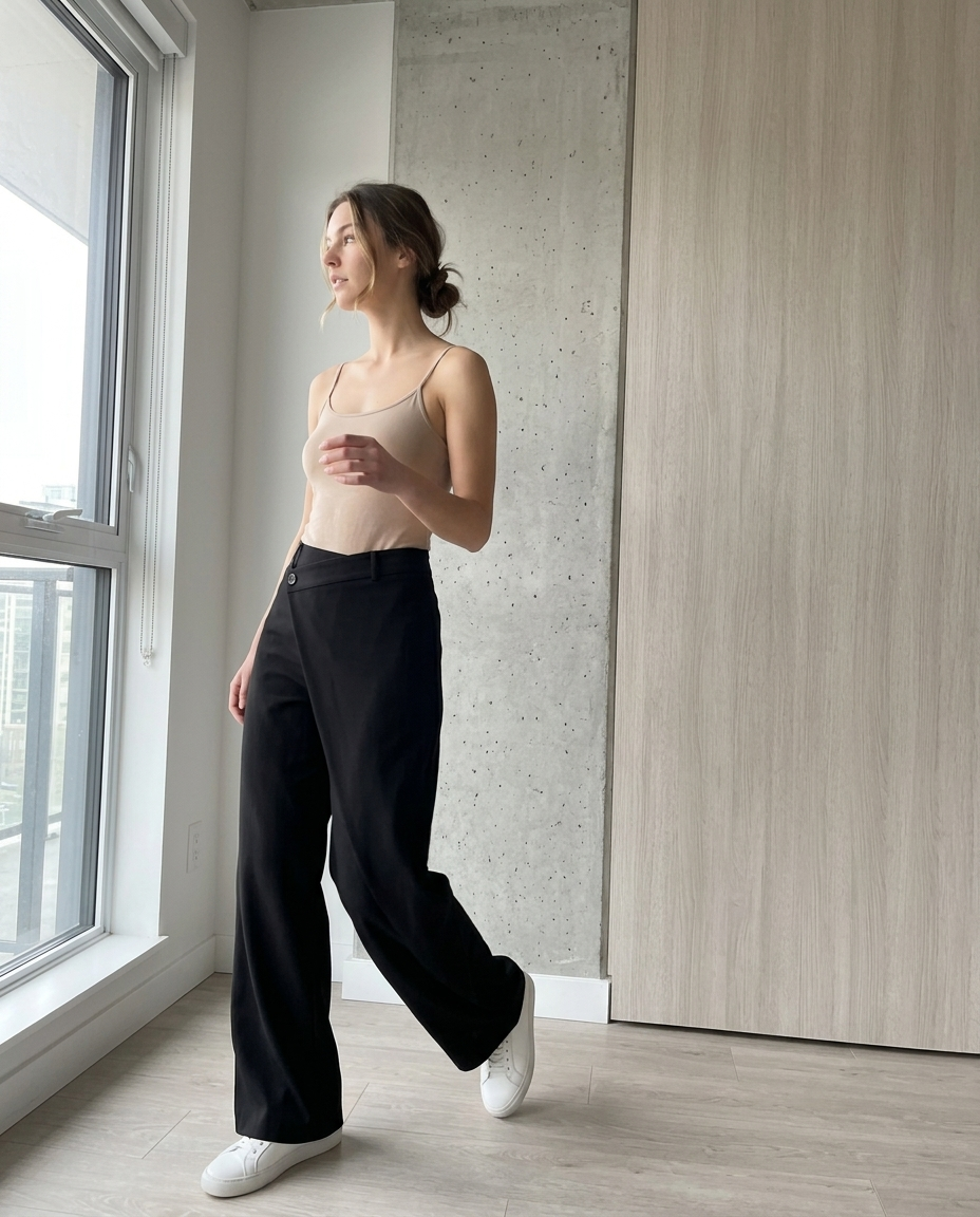 Black Wide-Leg Asymmetric Wrap Trousers styled in a daylight interior setting