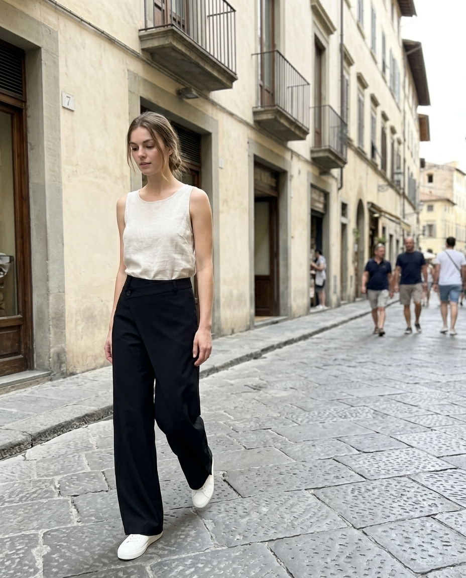 Black Wide-Leg Asymmetric Wrap Trousers worn in an everyday street setting