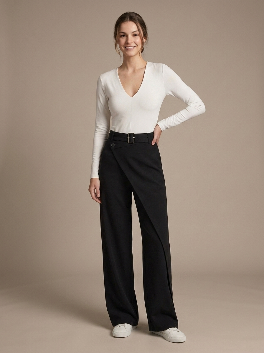 Black Wide-Leg Asymmetric Wrap Trousers worn by a model, front view