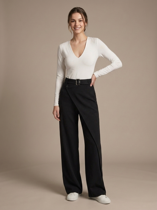 Black Wide-Leg Asymmetric Wrap Trousers worn by a model, front view
