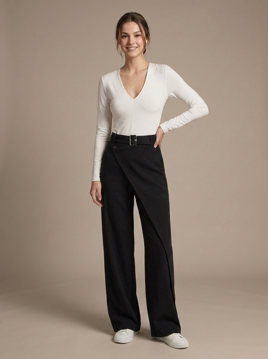 Black Wide-Leg Asymmetric Wrap Trousers worn by a model, front view