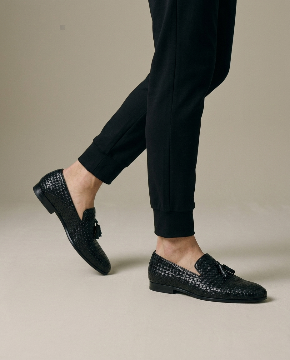 Black Woven Tassel Loafers worn, walking