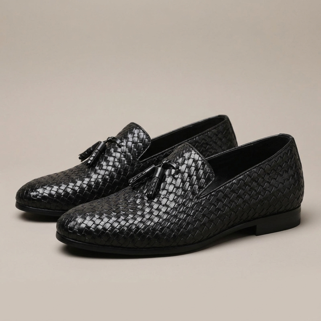 Close-up of Black Woven Tassel Loafers
